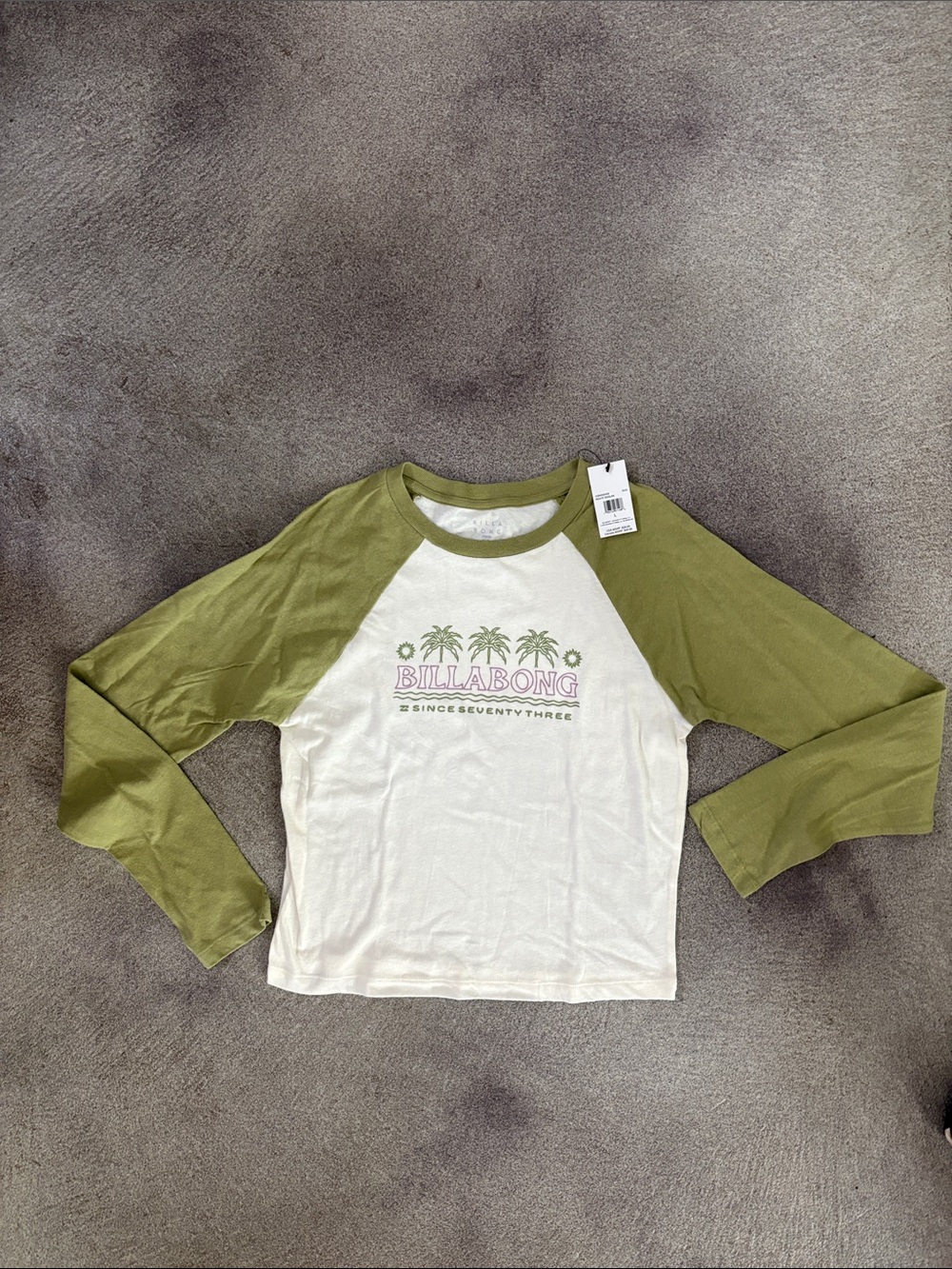 Women’s Billabong Olive Green & White Raglan Palm Graphic Long Sleeve Tee (L)